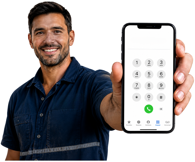 Baulkham Hills Blocked Drains plumber holding a phone — call 1300 261 965