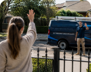 Customer waving goodbye to a Baulkham Hills Blocked Drains plumber
